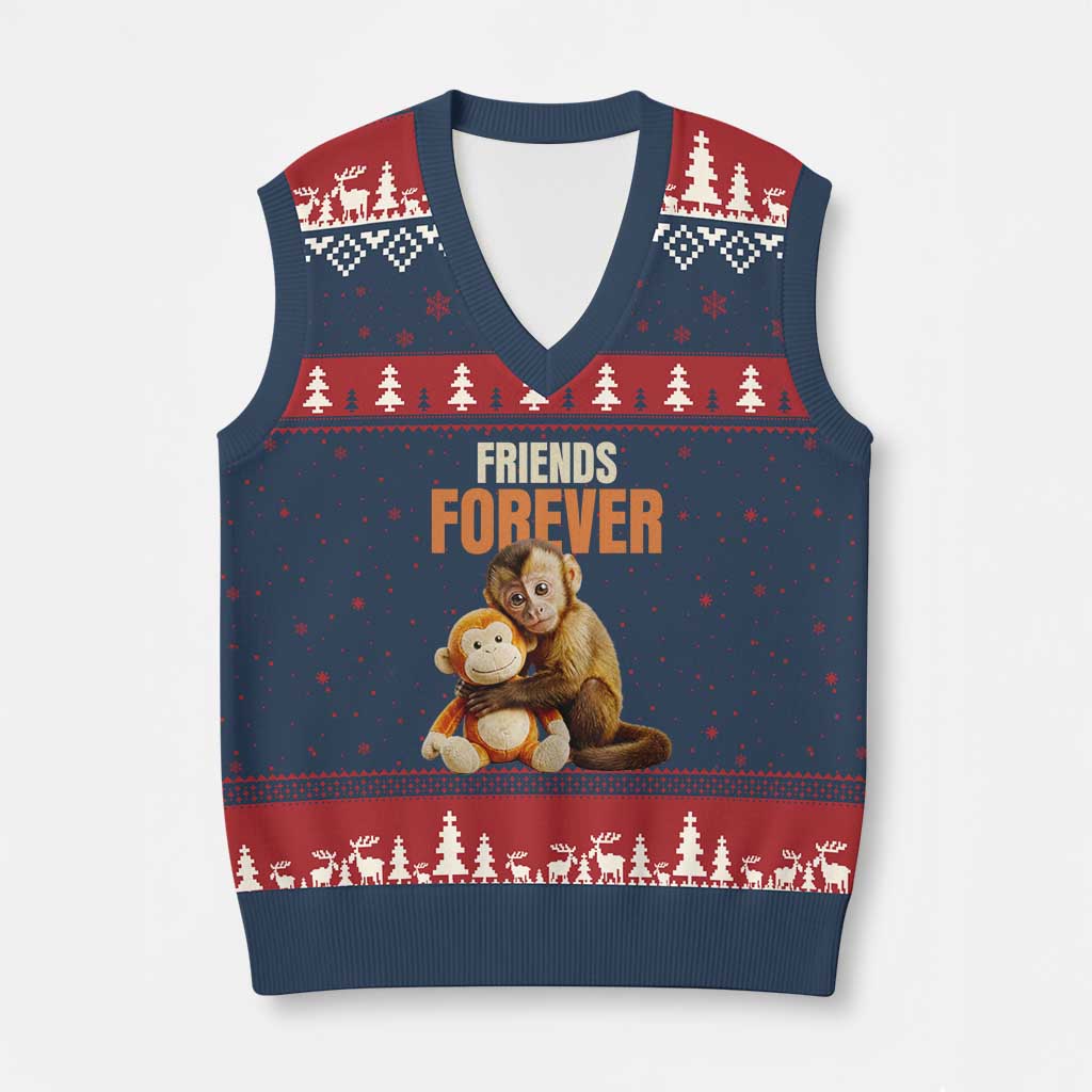 Friends Forever Viral Punch The Monkey V-Neck Knit Sweater Vest Cute Baby Monkey Hugging Plush Toy Best Friend Gift TS02 Navy Red Print Your Wear