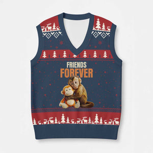 Friends Forever Viral Punch The Monkey V-Neck Knit Sweater Vest Cute Baby Monkey Hugging Plush Toy Best Friend Gift TS02 Navy Red Print Your Wear