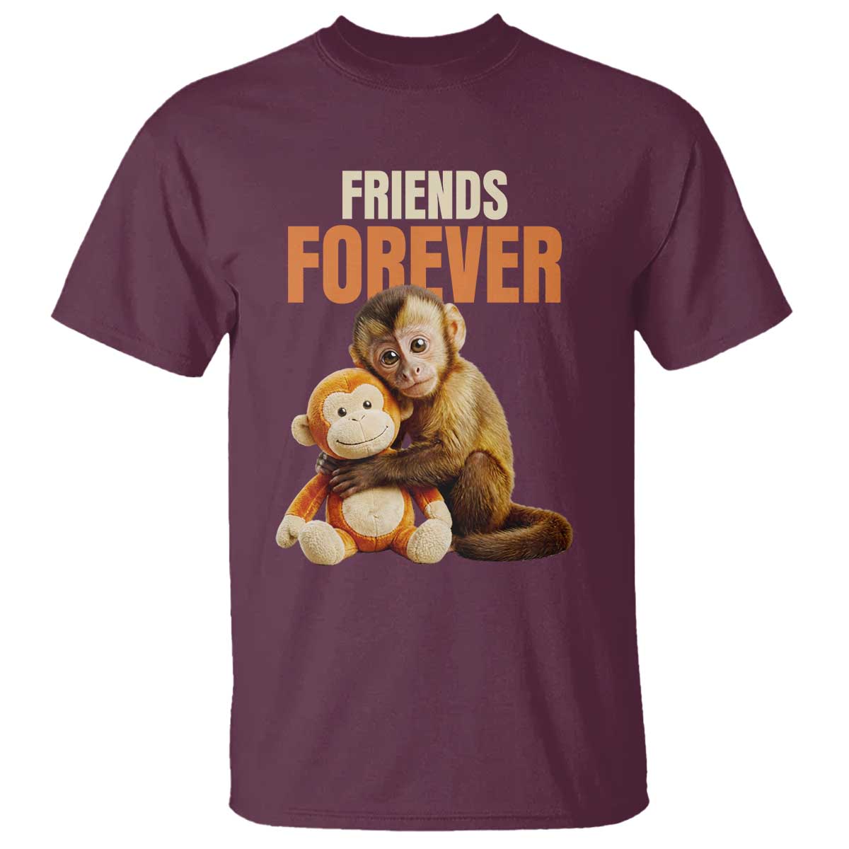 Friends Forever Viral Punch The Monkey T Shirt Cute Baby Monkey Hugging Plush Toy Best Friend Gift TS02 Maroon Print Your Wear