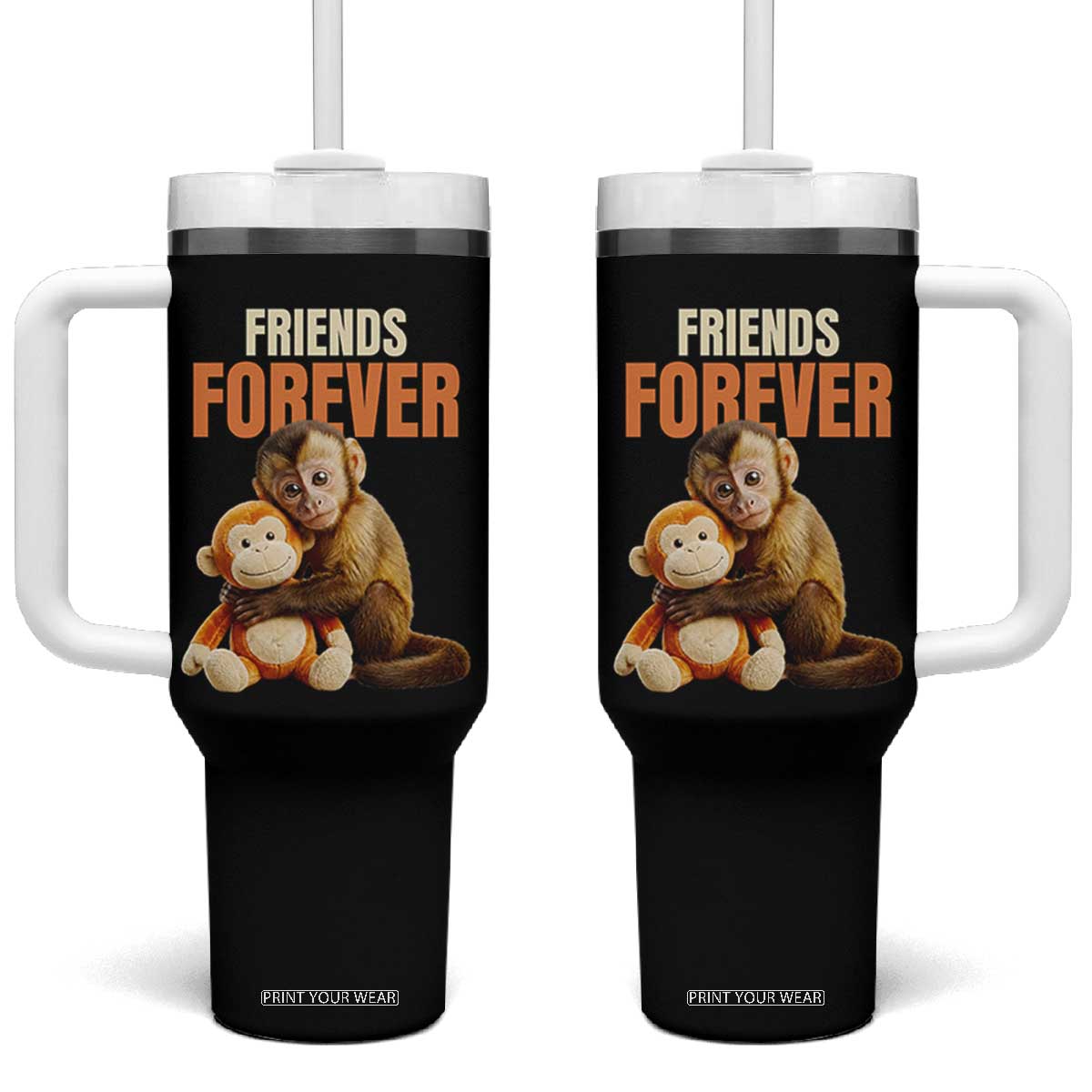 Friends Forever Viral Punch The Monkey Tumbler With Handle Cute Baby Monkey Hugging Plush Toy Best Friend Gift TS02 One Size: 40 oz Black Print Your Wear