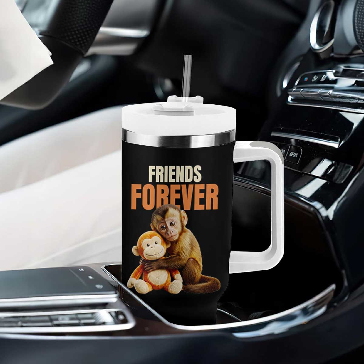 Friends Forever Viral Punch The Monkey Tumbler With Handle Cute Baby Monkey Hugging Plush Toy Best Friend Gift TS02 Print Your Wear