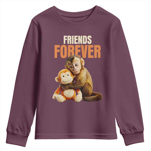 Friends Forever Viral Punch The Monkey Youth Sweatshirt Cute Baby Monkey Hugging Plush Toy Best Friend Gift TS02 Maroon Print Your Wear