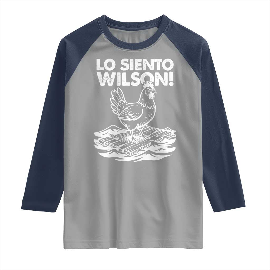 Lo Siento Wilson Funny Chicken Floating Meme Raglan Shirt Viral Rooster Spanish Apology Trend TS02 Sport Gray Navy Print Your Wear