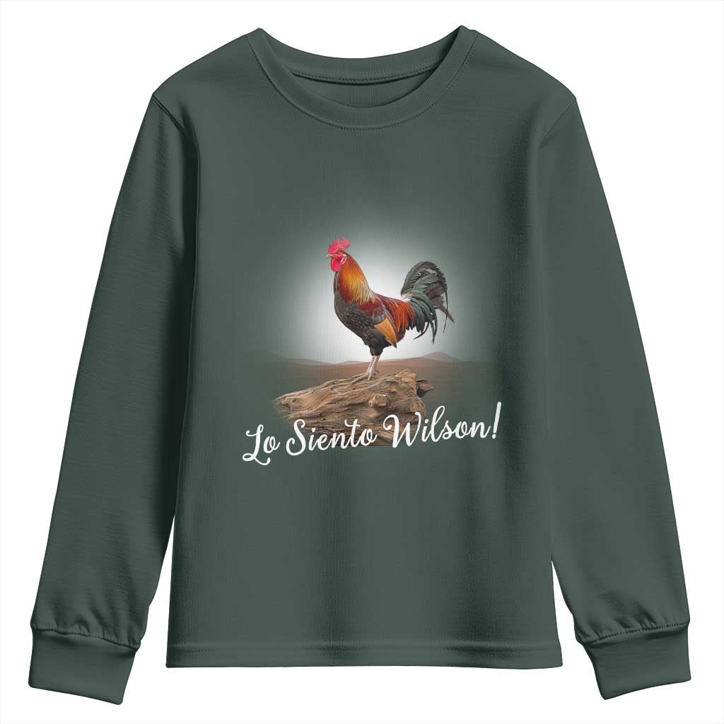 Lo Siento Wilson Funny Chicken Floating Meme Youth Sweatshirt Dramatic Rooster Parody Spanish Apology TS02 Dark Forest Green Print Your Wear