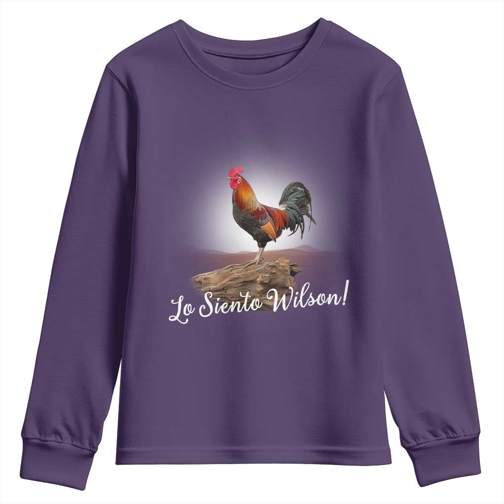 Lo Siento Wilson Funny Chicken Floating Meme Youth Sweatshirt Dramatic Rooster Parody Spanish Apology TS02 Purple Print Your Wear