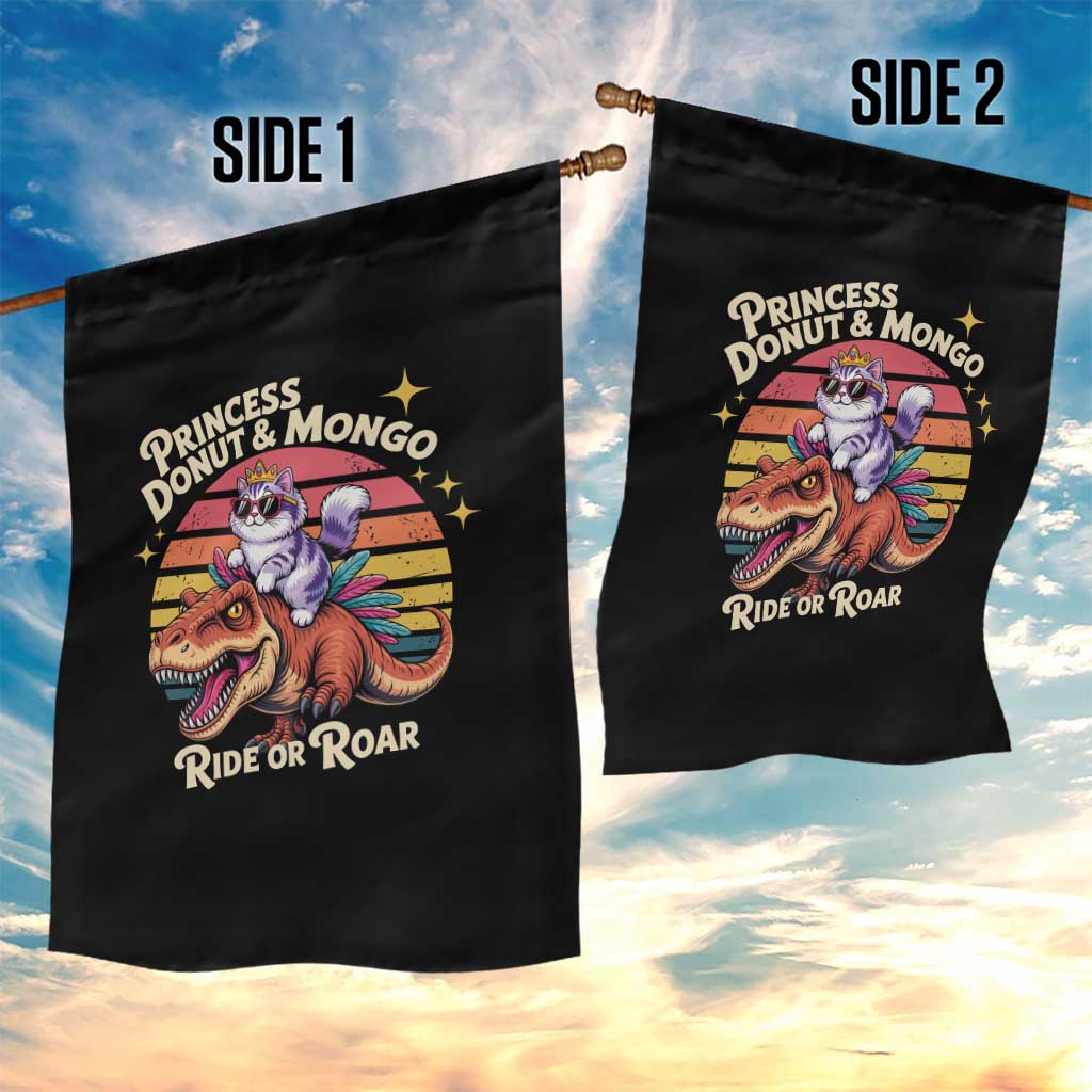 Royal Cat Princess and Raptor Ride or Roar Garden Flag Funny Cat Riding Dinosaur Retro Sunset TS02 Print Your Wear