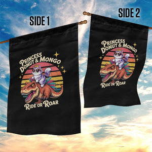 Royal Cat Princess and Raptor Ride or Roar Garden Flag Funny Cat Riding Dinosaur Retro Sunset TS02 Print Your Wear