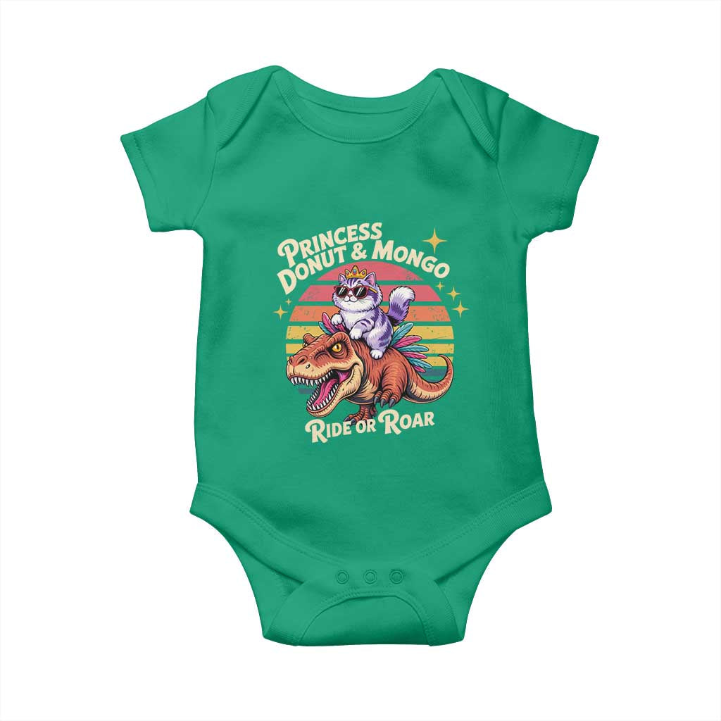 Royal Cat Princess and Raptor Ride or Roar Baby Onesie Funny Cat Riding Dinosaur Retro Sunset TS02 Irish Green Print Your Wear