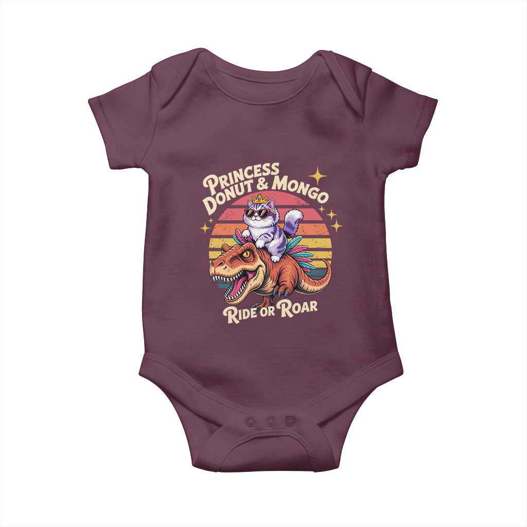 Royal Cat Princess and Raptor Ride or Roar Baby Onesie Funny Cat Riding Dinosaur Retro Sunset TS02 Maroon Print Your Wear