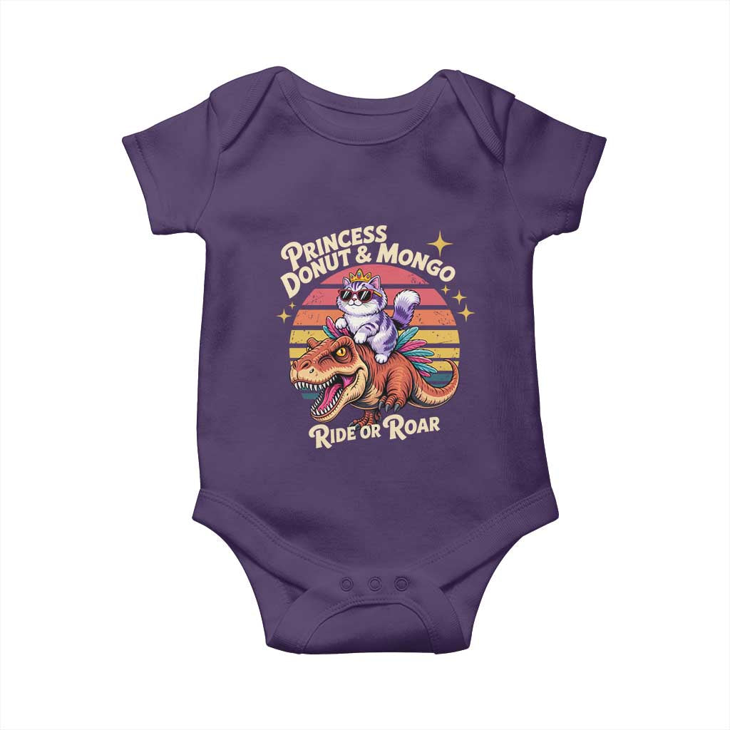 Royal Cat Princess and Raptor Ride or Roar Baby Onesie Funny Cat Riding Dinosaur Retro Sunset TS02 Purple Print Your Wear