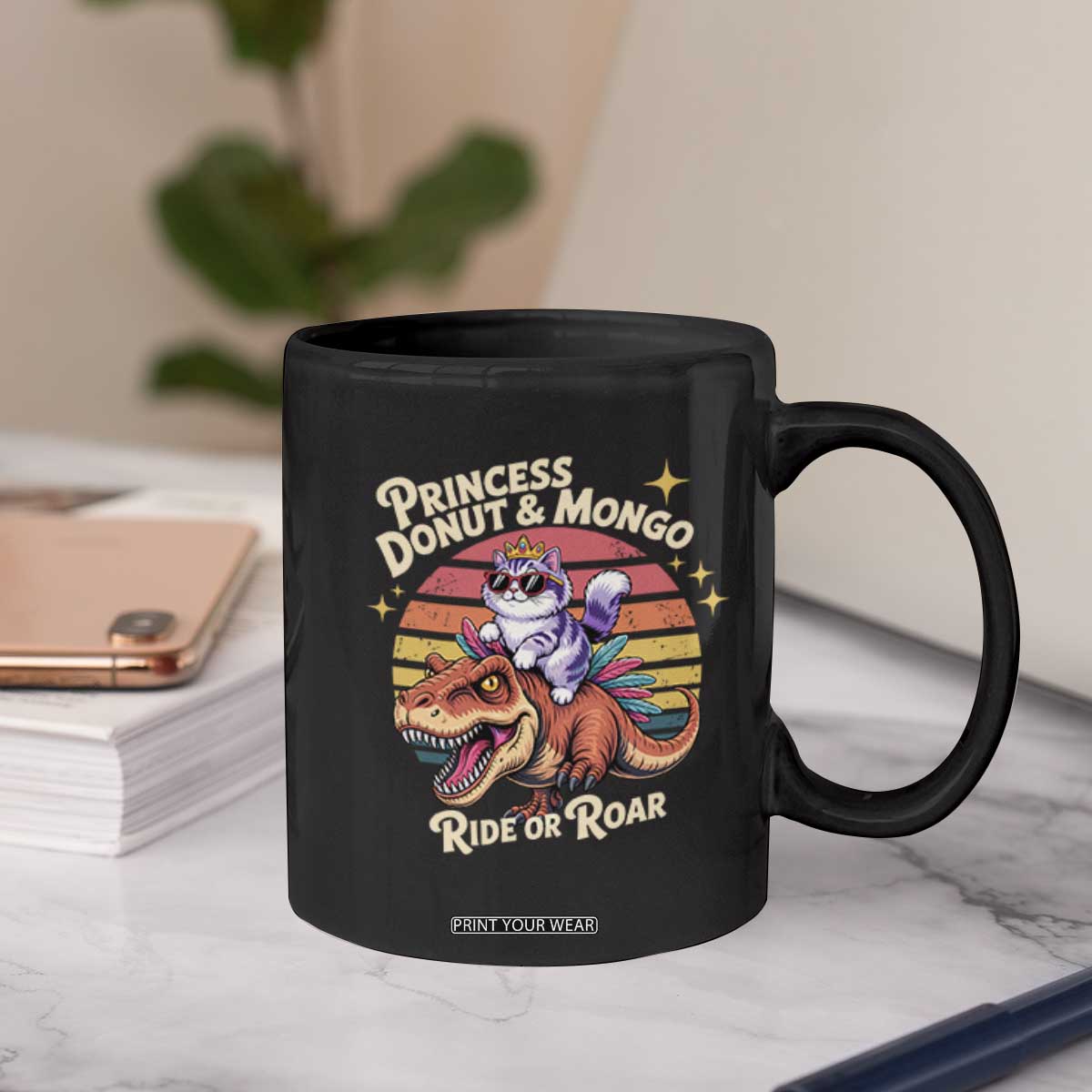 Royal Cat Princess and Raptor Ride or Roar Coffee Mug Funny Cat Riding Dinosaur Retro Sunset TS02 Print Your Wear