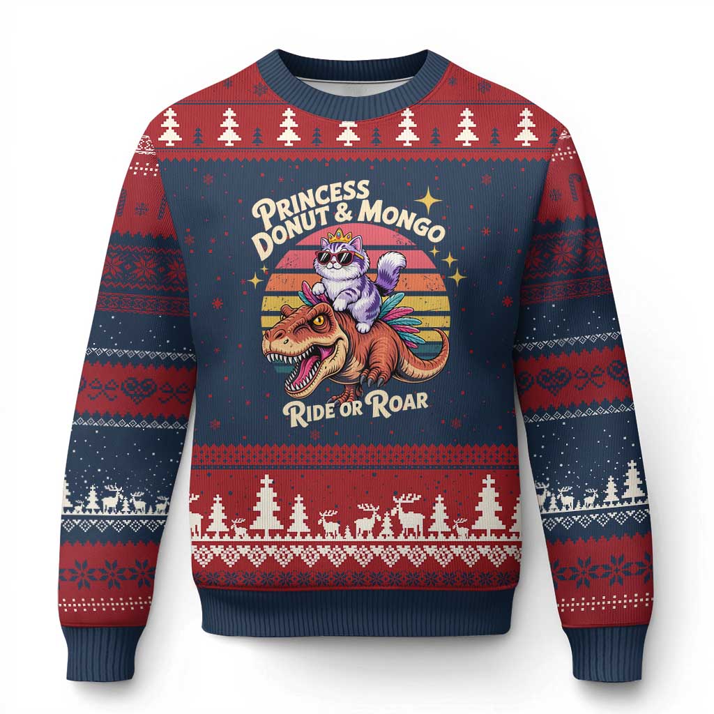 Royal Cat Princess and Raptor Ride or Roar Ugly Christmas Sweater Funny Cat Riding Dinosaur Retro Sunset TS02 Navy Red Print Your Wear