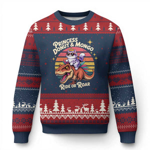 Royal Cat Princess and Raptor Ride or Roar Ugly Christmas Sweater Funny Cat Riding Dinosaur Retro Sunset TS02 Navy Red Print Your Wear