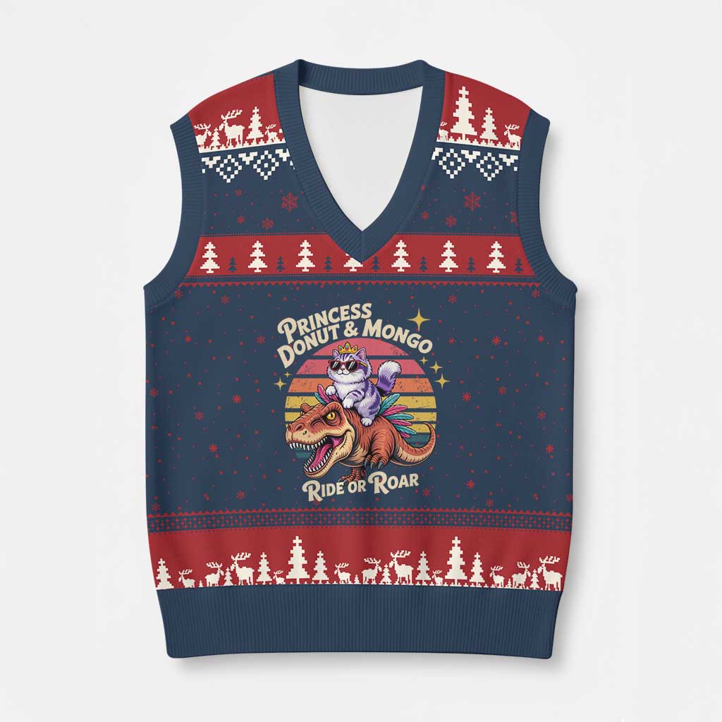 Royal Cat Princess and Raptor Ride or Roar V-Neck Knit Sweater Vest Funny Cat Riding Dinosaur Retro Sunset TS02 Navy Red Print Your Wear