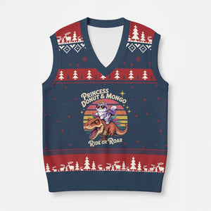 Royal Cat Princess and Raptor Ride or Roar V-Neck Knit Sweater Vest Funny Cat Riding Dinosaur Retro Sunset TS02 Navy Red Print Your Wear