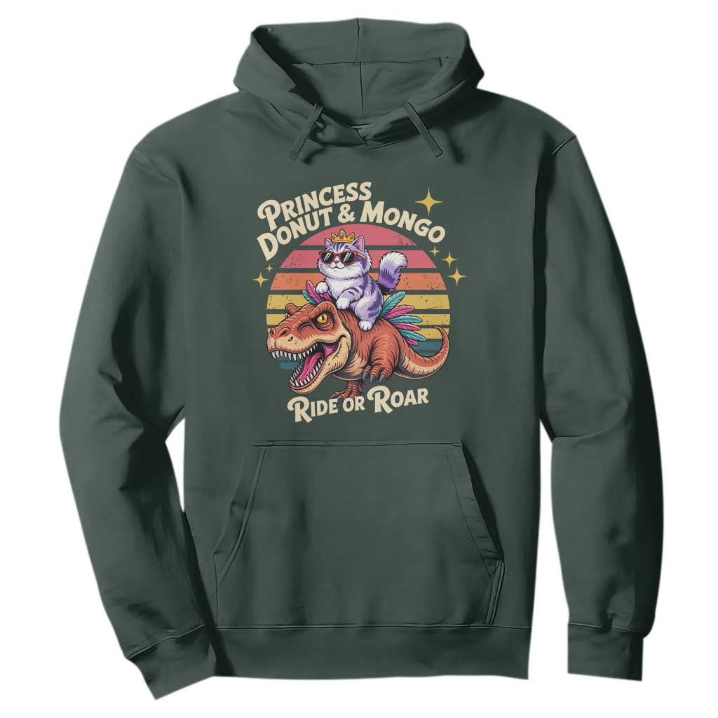 Royal Cat Princess and Raptor Ride or Roar Hoodie Funny Cat Riding Dinosaur Retro Sunset TS02 Dark Forest Green Print Your Wear