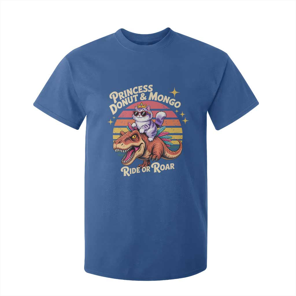 Royal Cat Princess and Raptor Ride or Roar T Shirt For Kid Funny Cat Riding Dinosaur Retro Sunset TS02 Royal Blue Print Your Wear