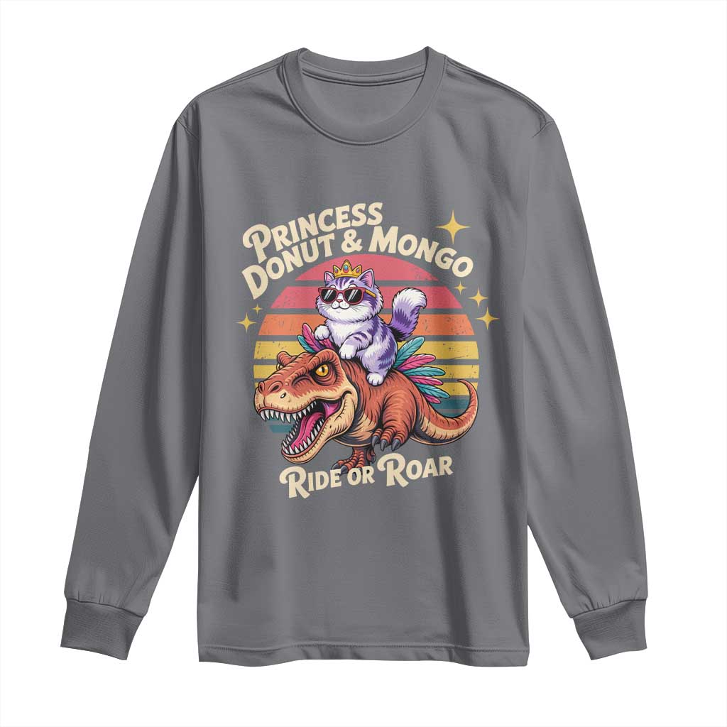 Royal Cat Princess and Raptor Ride or Roar Long Sleeve Shirt Funny Cat Riding Dinosaur Retro Sunset TS02 Charcoal Print Your Wear