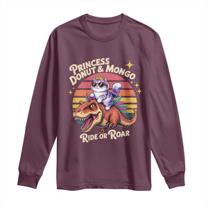 Royal Cat Princess and Raptor Ride or Roar Long Sleeve Shirt Funny Cat Riding Dinosaur Retro Sunset TS02 Maroon Print Your Wear