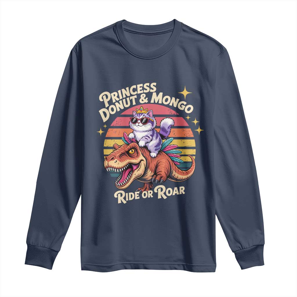 Royal Cat Princess and Raptor Ride or Roar Long Sleeve Shirt Funny Cat Riding Dinosaur Retro Sunset TS02 Navy Print Your Wear