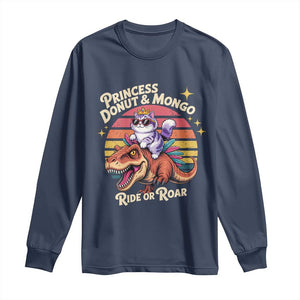 Royal Cat Princess and Raptor Ride or Roar Long Sleeve Shirt Funny Cat Riding Dinosaur Retro Sunset TS02 Navy Print Your Wear