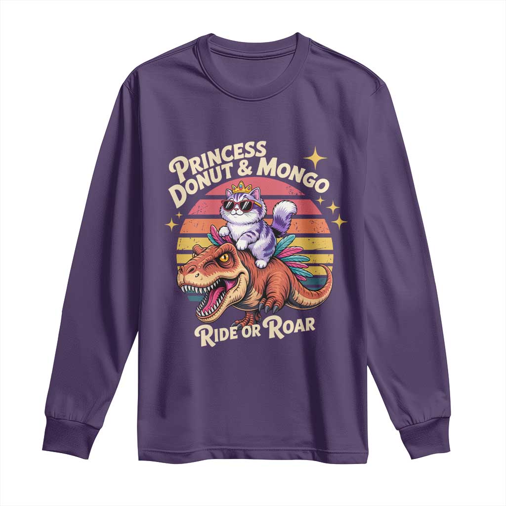 Royal Cat Princess and Raptor Ride or Roar Long Sleeve Shirt Funny Cat Riding Dinosaur Retro Sunset TS02 Purple Print Your Wear