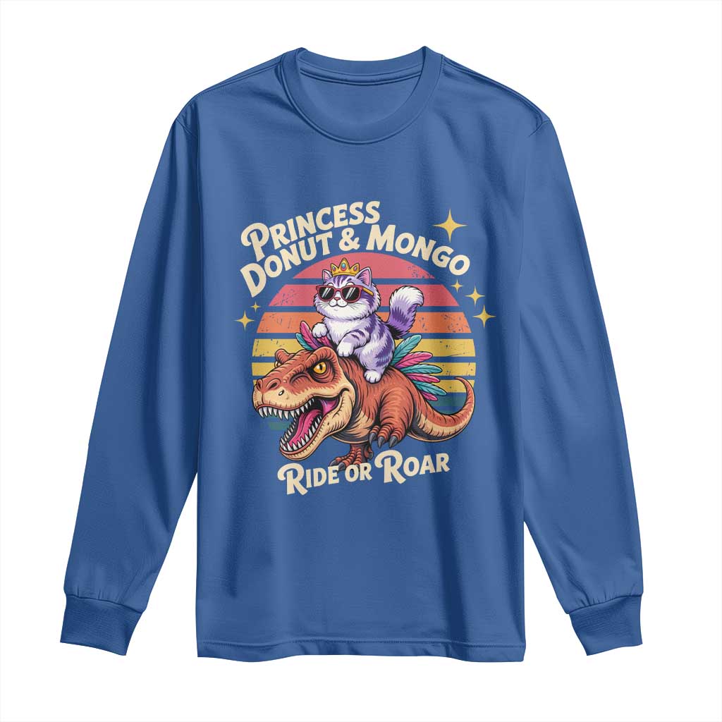 Royal Cat Princess and Raptor Ride or Roar Long Sleeve Shirt Funny Cat Riding Dinosaur Retro Sunset TS02 Royal Blue Print Your Wear
