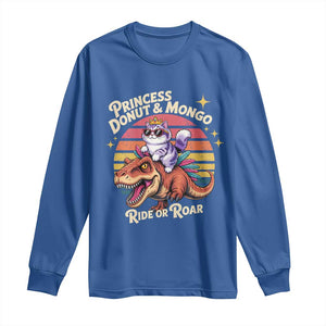 Royal Cat Princess and Raptor Ride or Roar Long Sleeve Shirt Funny Cat Riding Dinosaur Retro Sunset TS02 Royal Blue Print Your Wear
