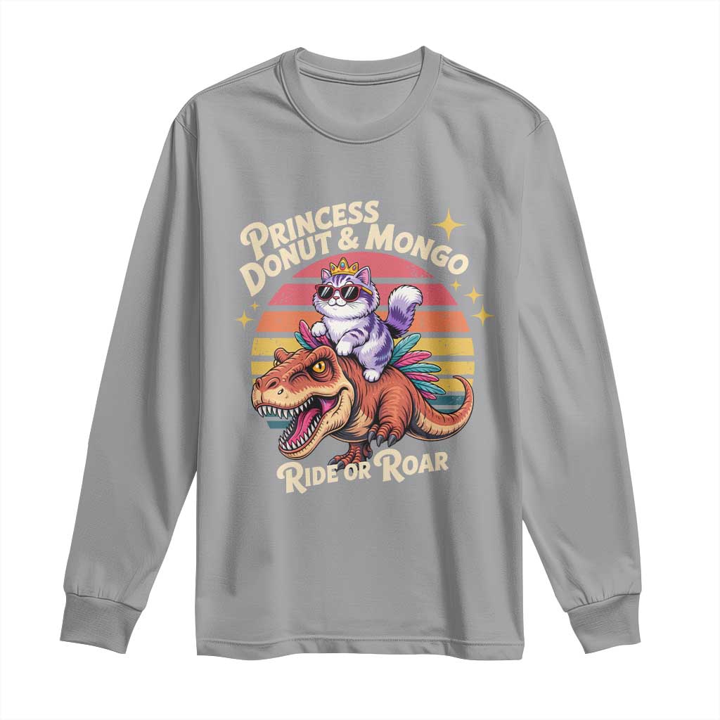 Royal Cat Princess and Raptor Ride or Roar Long Sleeve Shirt Funny Cat Riding Dinosaur Retro Sunset TS02 Sport Gray Print Your Wear