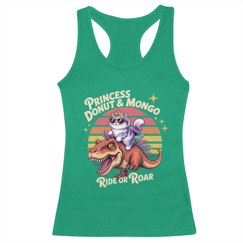 Royal Cat Princess and Raptor Ride or Roar Racerback Tank Top Funny Cat Riding Dinosaur Retro Sunset TS02 Irish Green Print Your Wear