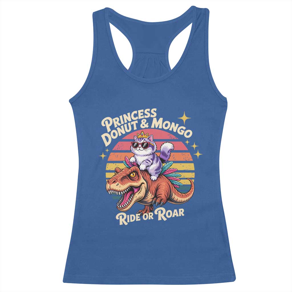 Royal Cat Princess and Raptor Ride or Roar Racerback Tank Top Funny Cat Riding Dinosaur Retro Sunset TS02 Royal Blue Print Your Wear
