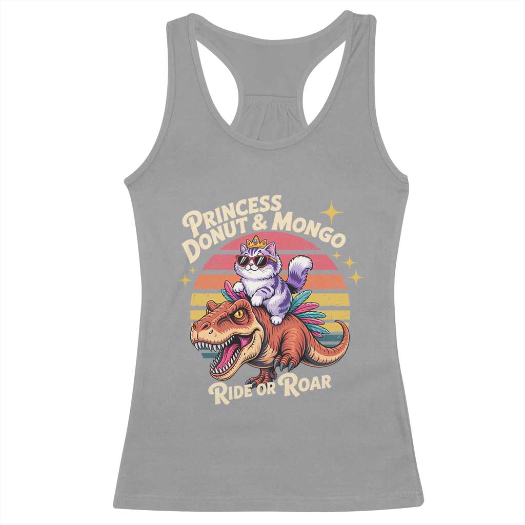 Royal Cat Princess and Raptor Ride or Roar Racerback Tank Top Funny Cat Riding Dinosaur Retro Sunset TS02 Sport Gray Print Your Wear