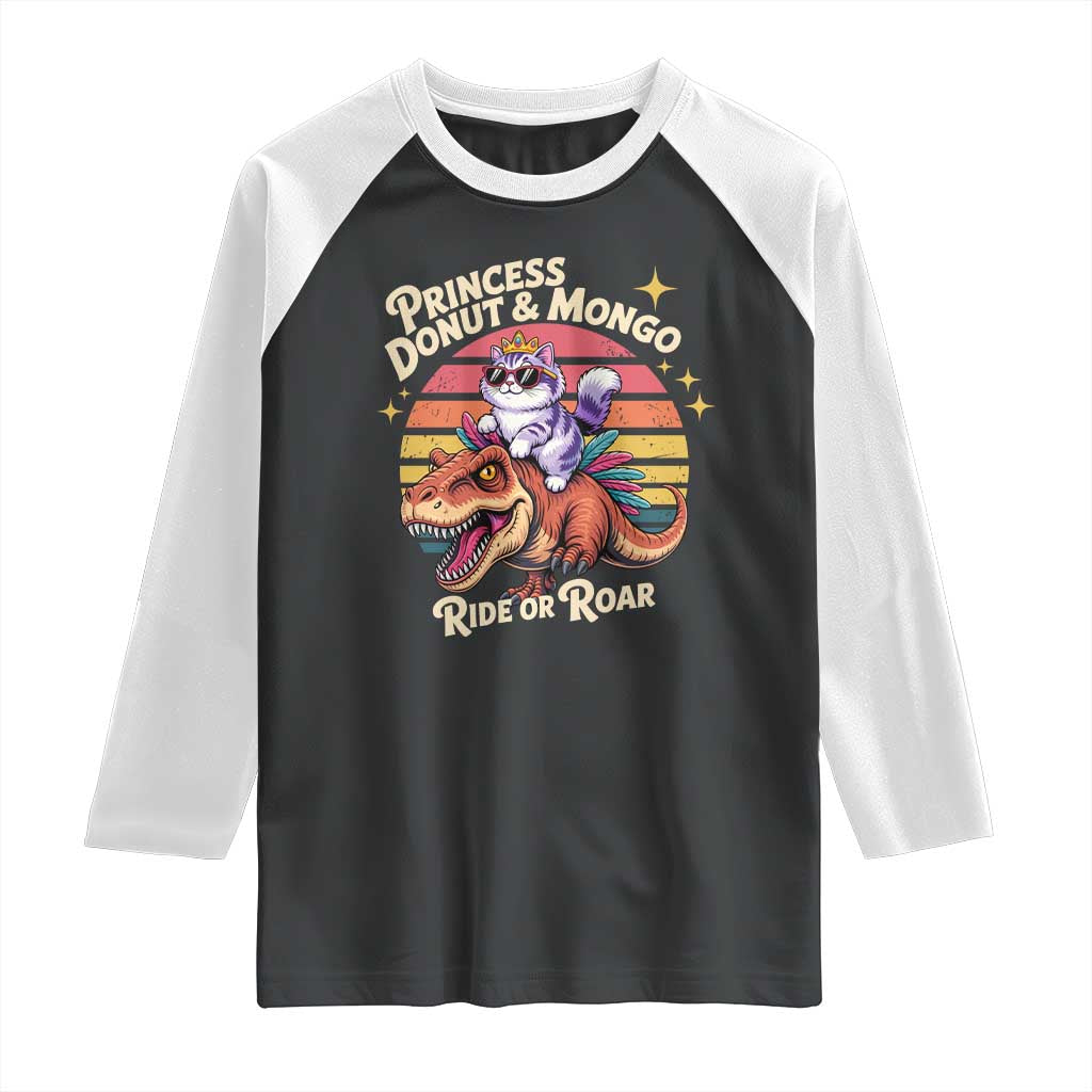 Royal Cat Princess and Raptor Ride or Roar Raglan Shirt Funny Cat Riding Dinosaur Retro Sunset TS02 Black White Print Your Wear