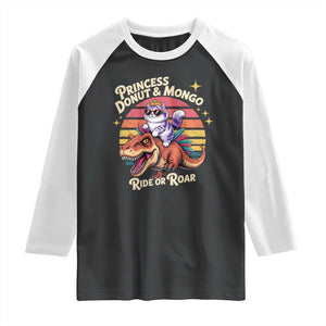 Royal Cat Princess and Raptor Ride or Roar Raglan Shirt Funny Cat Riding Dinosaur Retro Sunset TS02 Black White Print Your Wear