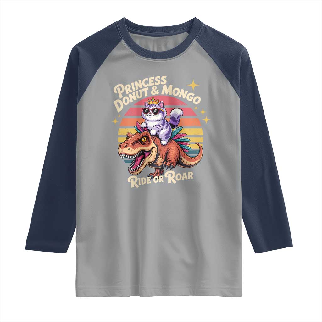 Royal Cat Princess and Raptor Ride or Roar Raglan Shirt Funny Cat Riding Dinosaur Retro Sunset TS02 Sport Gray Navy Print Your Wear