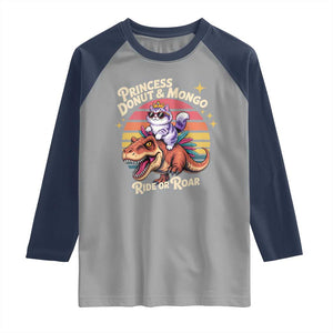 Royal Cat Princess and Raptor Ride or Roar Raglan Shirt Funny Cat Riding Dinosaur Retro Sunset TS02 Sport Gray Navy Print Your Wear