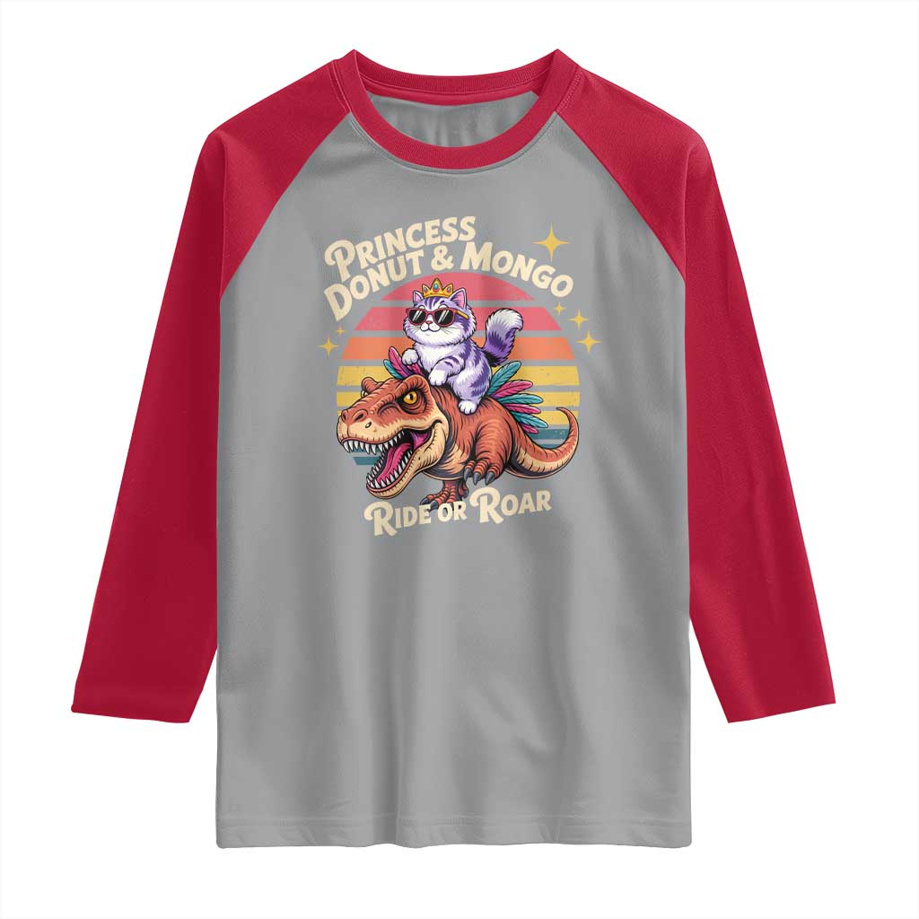 Royal Cat Princess and Raptor Ride or Roar Raglan Shirt Funny Cat Riding Dinosaur Retro Sunset TS02 Sport Gray Red Print Your Wear