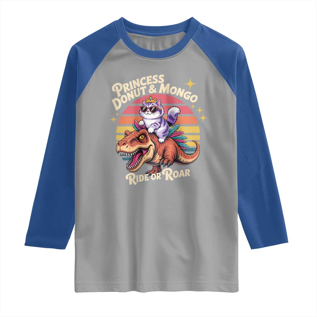 Royal Cat Princess and Raptor Ride or Roar Raglan Shirt Funny Cat Riding Dinosaur Retro Sunset TS02 Sport Gray Royal Print Your Wear