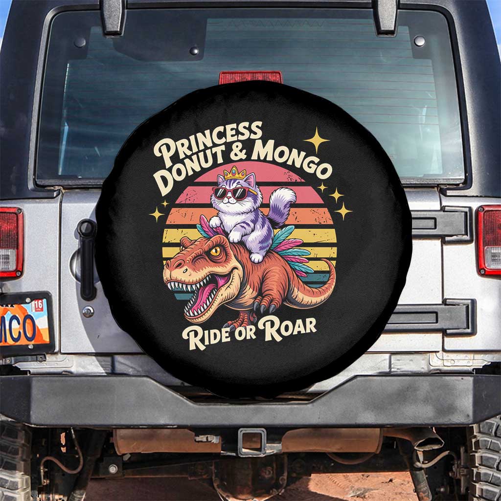 Royal Cat Princess and Raptor Ride or Roar Spare Tire Cover Funny Cat Riding Dinosaur Retro Sunset TS02 No hole Black Print Your Wear
