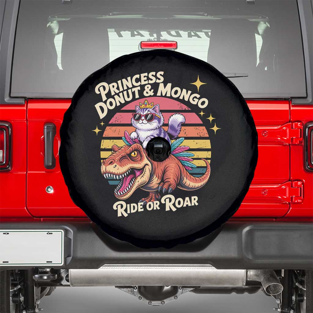Royal Cat Princess and Raptor Ride or Roar Spare Tire Cover Funny Cat Riding Dinosaur Retro Sunset TS02 Black Print Your Wear