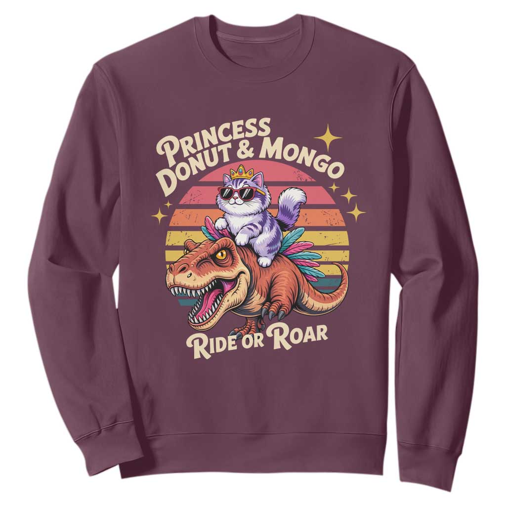 Royal Cat Princess and Raptor Ride or Roar Sweatshirt Funny Cat Riding Dinosaur Retro Sunset TS02 Maroon Print Your Wear
