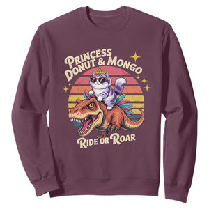 Royal Cat Princess and Raptor Ride or Roar Sweatshirt Funny Cat Riding Dinosaur Retro Sunset TS02 Maroon Print Your Wear
