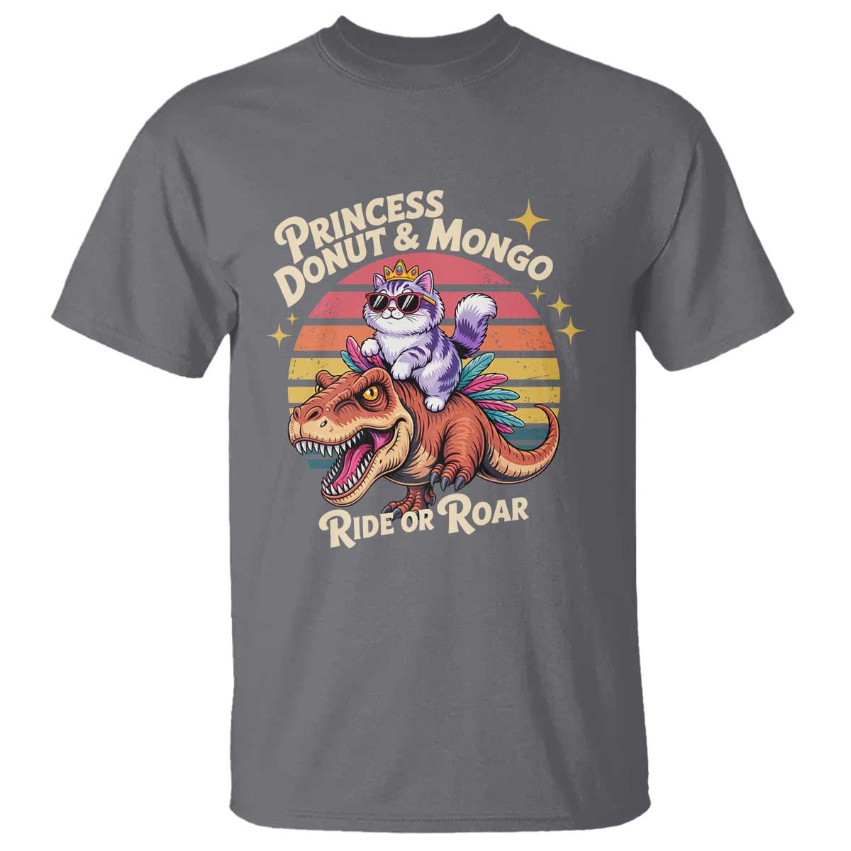 Royal Cat Princess and Raptor Ride or Roar T Shirt Funny Cat Riding Dinosaur Retro Sunset TS02 Charcoal Print Your Wear