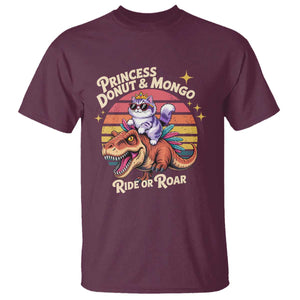 Royal Cat Princess and Raptor Ride or Roar T Shirt Funny Cat Riding Dinosaur Retro Sunset TS02 Maroon Print Your Wear