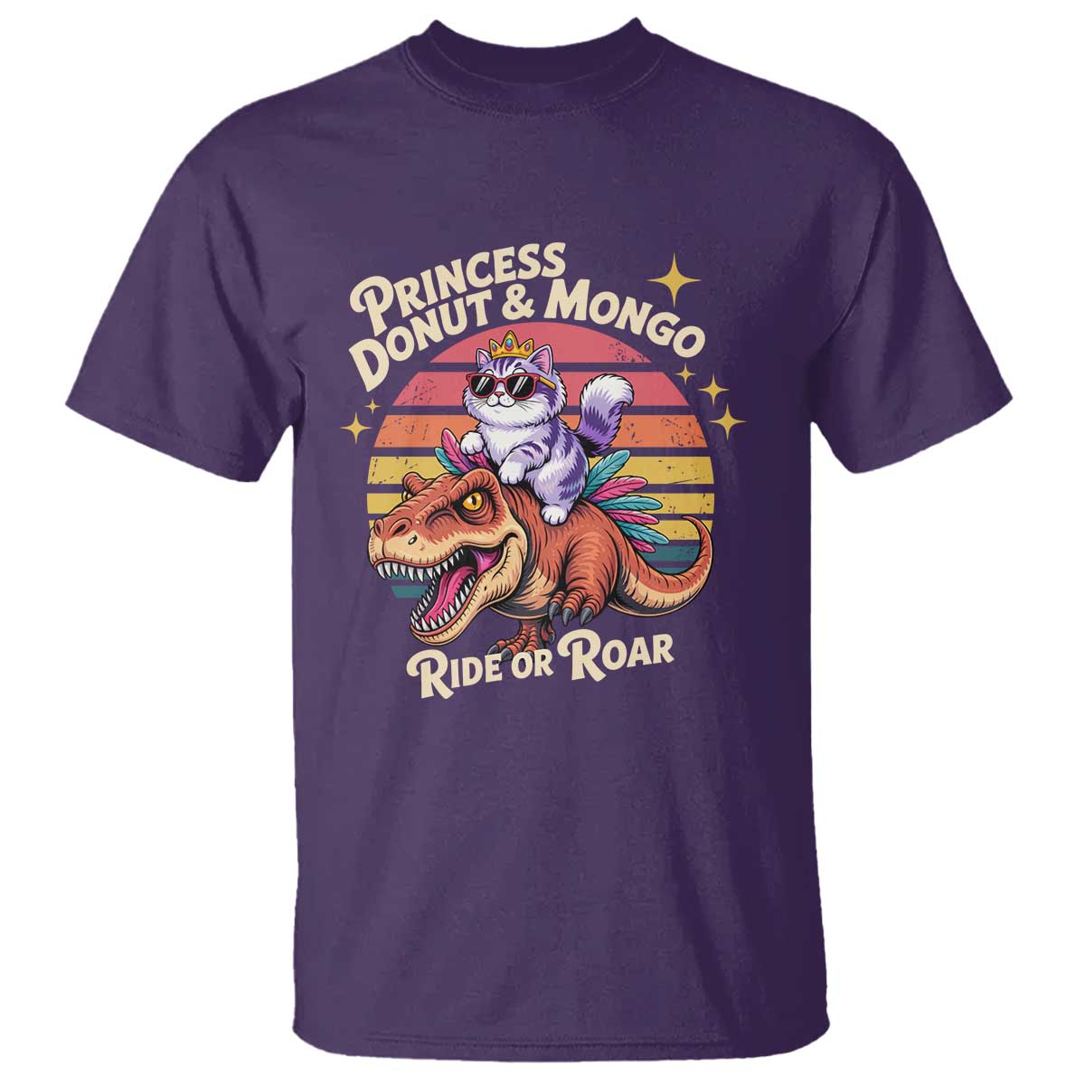 Royal Cat Princess and Raptor Ride or Roar T Shirt Funny Cat Riding Dinosaur Retro Sunset TS02 Purple Print Your Wear