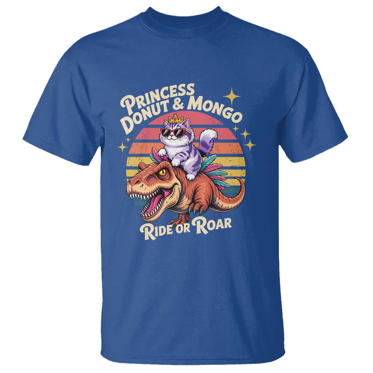 Royal Cat Princess and Raptor Ride or Roar T Shirt Funny Cat Riding Dinosaur Retro Sunset TS02 Royal Blue Print Your Wear