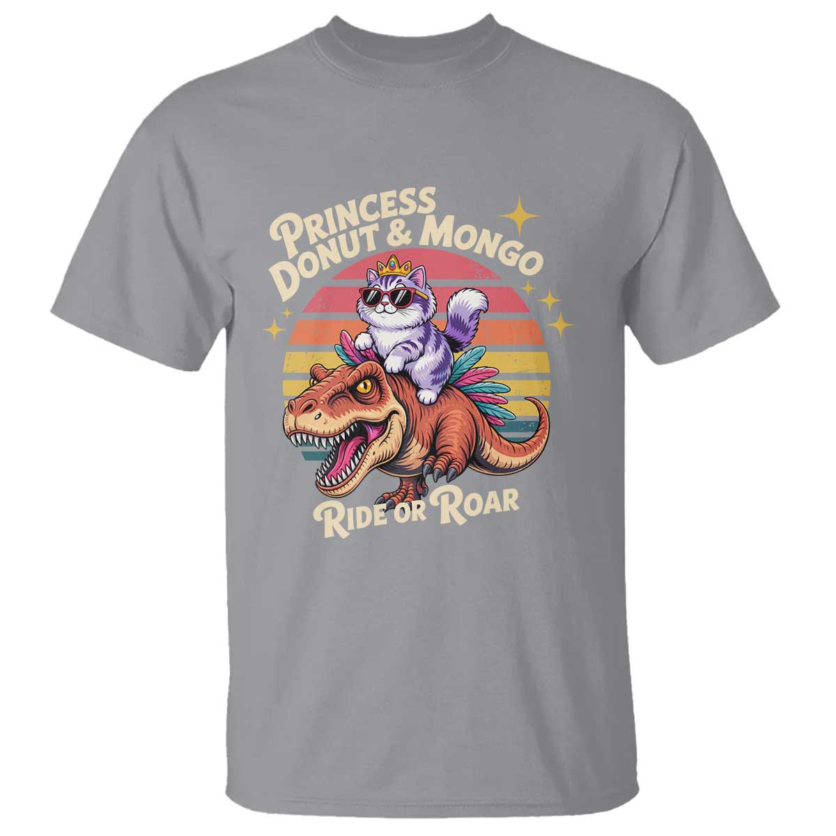 Royal Cat Princess and Raptor Ride or Roar T Shirt Funny Cat Riding Dinosaur Retro Sunset TS02 Sport Gray Print Your Wear