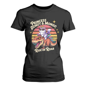 Royal Cat Princess and Raptor Ride or Roar T Shirt For Women Funny Cat Riding Dinosaur Retro Sunset TS02 Black Print Your Wear