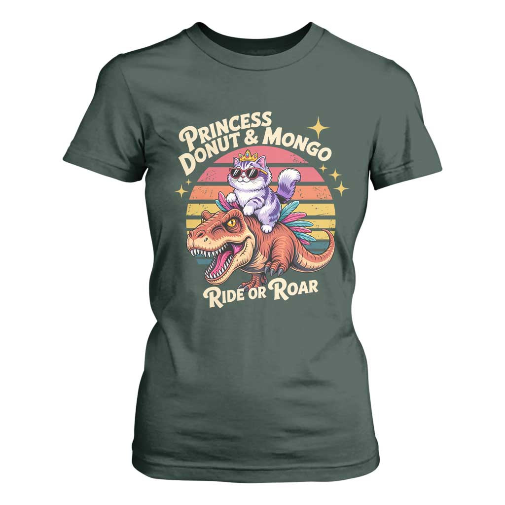 Royal Cat Princess and Raptor Ride or Roar T Shirt For Women Funny Cat Riding Dinosaur Retro Sunset TS02 Dark Forest Green Print Your Wear