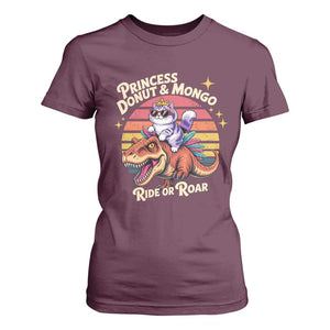 Royal Cat Princess and Raptor Ride or Roar T Shirt For Women Funny Cat Riding Dinosaur Retro Sunset TS02 Maroon Print Your Wear
